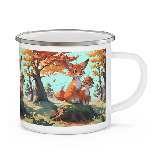 Foxy Enamel Camping Mug Two Foxes Among Autumn Leaves - 12oz