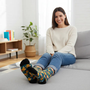 Rows of yellow rubber ducks printed on DipaliZ crew socks