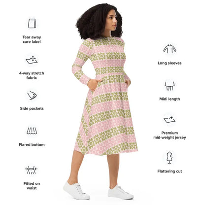 Strut your Style in a Pink and Green Long Sleeve Midi Dress - Dresses