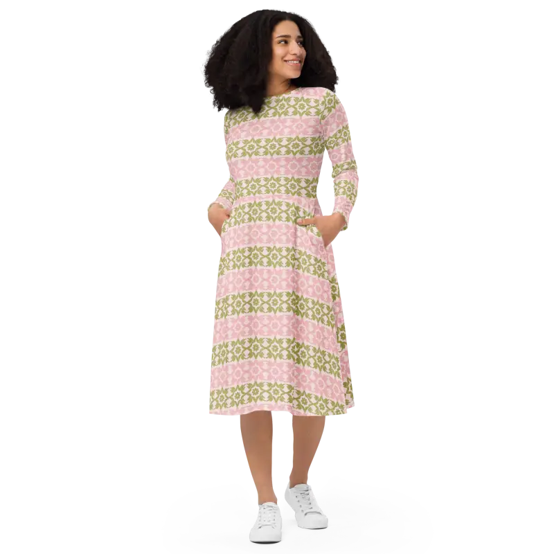 Strut your Style in a Pink and Green Long Sleeve Midi Dress - Dresses