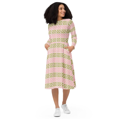 Strut your Style in a Pink and Green Long Sleeve Midi Dress - Dresses