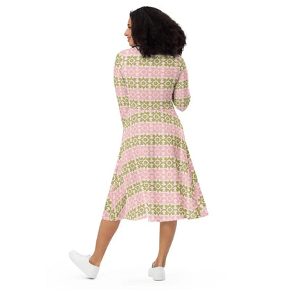 Strut your Style in a Pink and Green Long Sleeve Midi Dress - Dresses