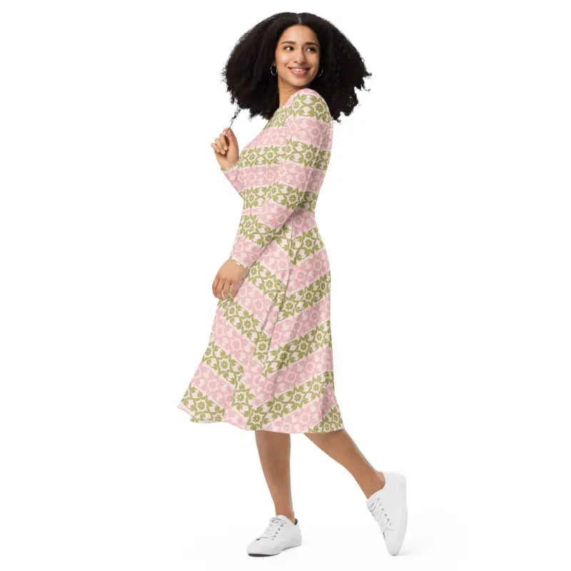 Strut your Style in a Pink and Green Long Sleeve Midi Dress - Dresses