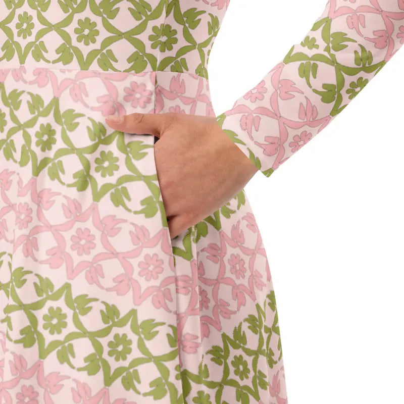 Strut your Style in a Pink and Green Long Sleeve Midi Dress - Dresses