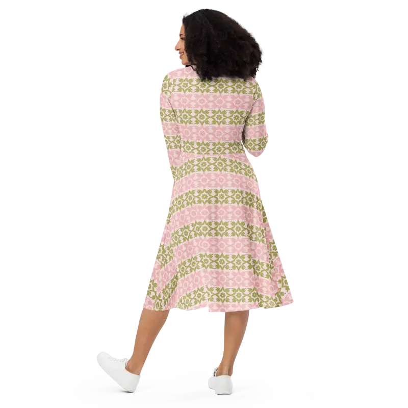 Strut your Style in a Pink and Green Long Sleeve Midi Dress - Dresses