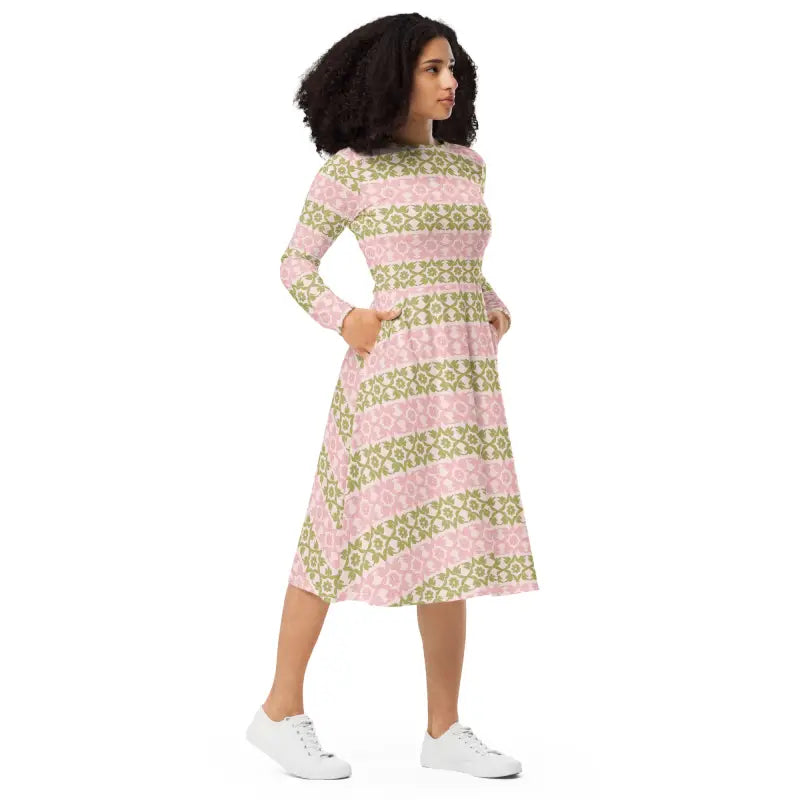 Strut your Style in a Pink and Green Long Sleeve Midi Dress - Dresses