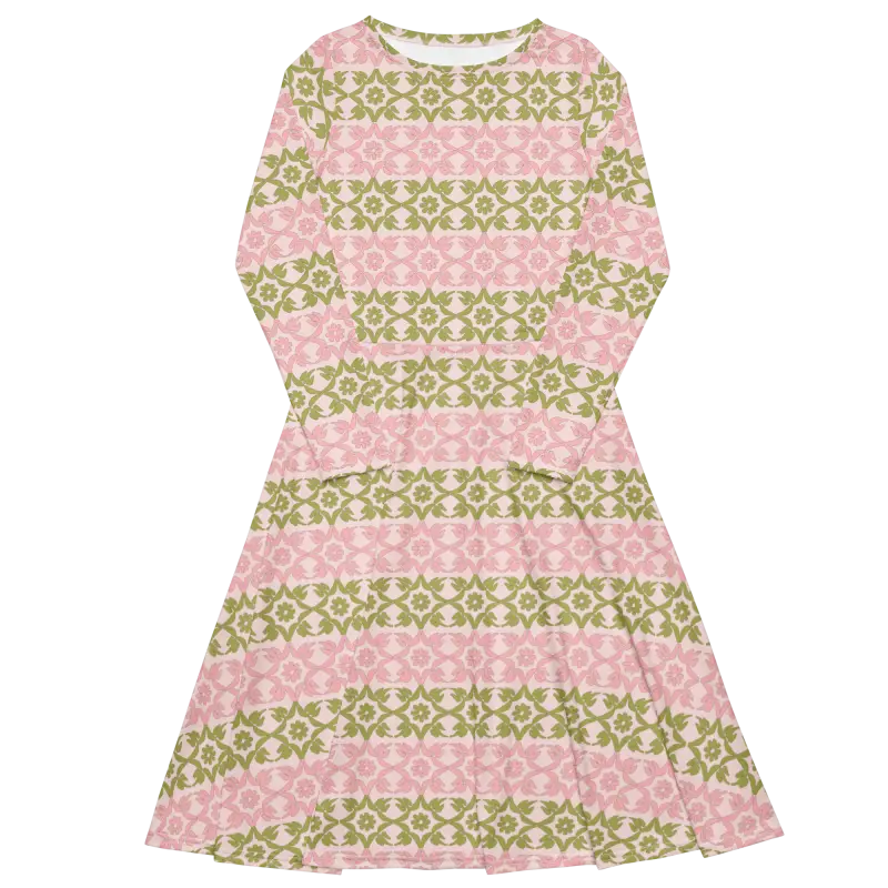 Strut your Style in a Pink and Green Long Sleeve Midi Dress - Dresses