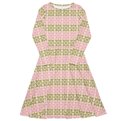 Strut your Style in a Pink and Green Long Sleeve Midi Dress - Dresses