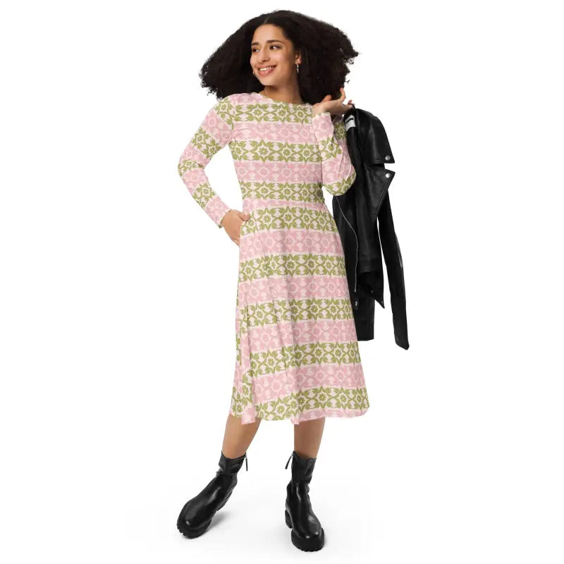 Strut your Style in a Pink and Green Long Sleeve Midi Dress - Xs Dresses