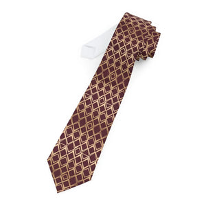 Gold Diamond Necktie - Geometric Brown Satin Slim - Dipaliz - Neckties