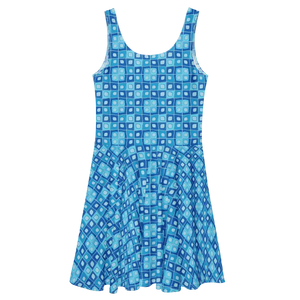 Dresses - Geometric Capri Blue Skater Dress - Sleeveless Flared - Dipaliz
