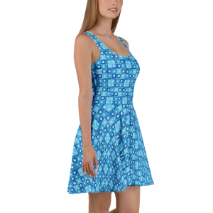 Dresses - Geometric Capri Blue Skater Dress - Sleeveless Flared - Dipaliz