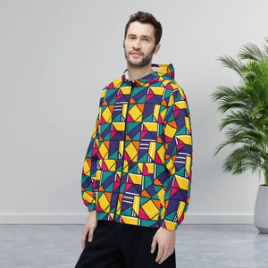 Outerwear - Geometric Colorblock Windbreaker - Retro 90s Hooded Shell - Dipaliz Xs