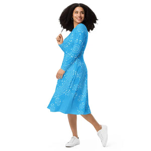 Blue Midi Dress Print Long Sleeve Geometric Statement - Dipaliz - Dresses