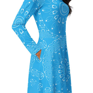 Blue Midi Dress Print Long Sleeve Geometric Statement - Dipaliz - Dresses
