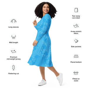 Blue Midi Dress Print Long Sleeve Geometric Statement - Dipaliz - Dresses