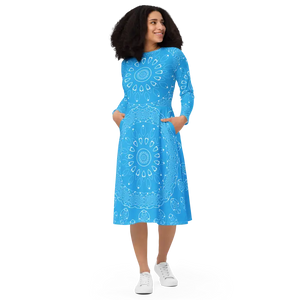 Blue Midi Dress Print Long Sleeve Geometric Statement - Dipaliz - Dresses