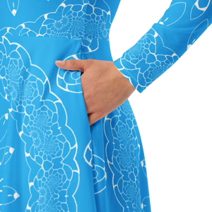 Blue Midi Dress Print Long Sleeve Geometric Statement - Dipaliz - Dresses