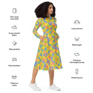 Print Long Sleeve Midi Dress Geometric Pattern Stretch - Dipaliz - Dresses