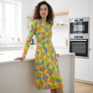 Geometric Pattern Sleeve Midi Dress Stretch - Dipaliz - Dresses - Xs