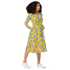 Print Long Sleeve Midi Dress Geometric Pattern Stretch - Dipaliz - Dresses
