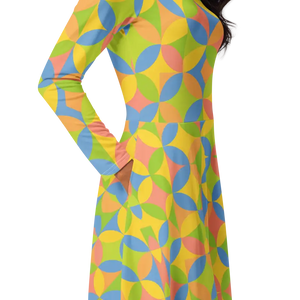 Print Long Sleeve Midi Dress Geometric Pattern Stretch - Dipaliz - Dresses