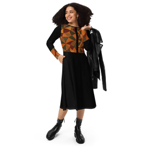 Geometric Pattern Midi Print Long Sleeve Flattering Silhouette - Dipaliz - 2xs - Dresses