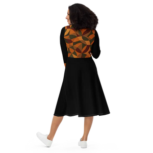 Geometric Pattern Midi Print Long Sleeve Flattering Silhouette - Dipaliz - Dresses