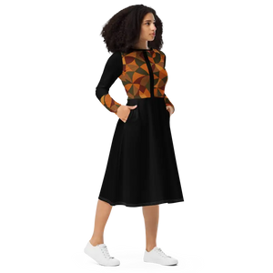 Geometric Pattern Midi Print Long Sleeve Flattering Silhouette - Dipaliz - Dresses