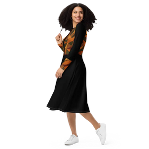 Geometric Pattern Midi Print Long Sleeve Flattering Silhouette - Dipaliz - Dresses