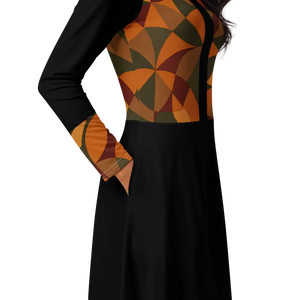 Geometric Pattern Midi Print Long Sleeve Flattering Silhouette - Dipaliz - Dresses
