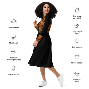 Geometric Pattern Midi Print Long Sleeve Flattering Silhouette - Dipaliz - Dresses