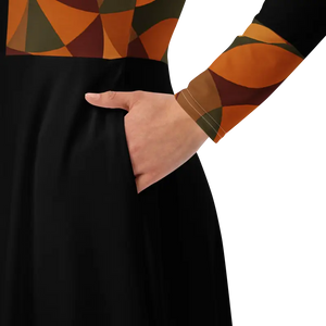 Geometric Pattern Midi Print Long Sleeve Flattering Silhouette - Dipaliz - Dresses
