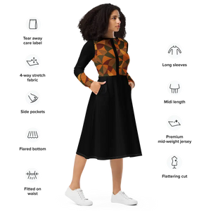 Geometric Pattern Midi Print Long Sleeve Flattering Silhouette - Dipaliz - Dresses