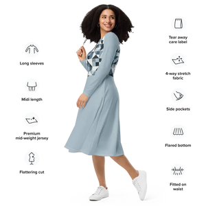 Geometric Print Long Sleeve Midi Dress Ocean Breeze Comfort - Dipaliz - Dresses