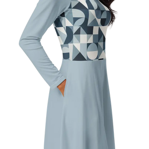 Geometric Print Long Sleeve Midi Dress Ocean Breeze Comfort - Dipaliz - Dresses