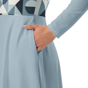 Geometric Print Long Sleeve Midi Dress Ocean Breeze Comfort - Dipaliz - Dresses