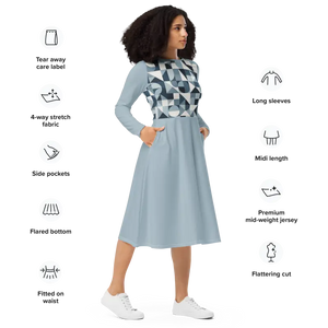 Geometric Print Long Sleeve Midi Dress Ocean Breeze Comfort - Dipaliz - Dresses