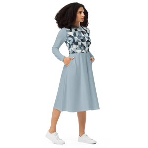Geometric Print Long Sleeve Midi Dress Ocean Breeze Comfort - Dipaliz - Dresses