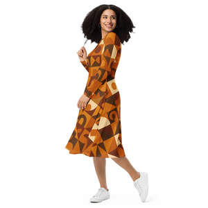 Print Long Sleeve Midi Dress - Dreamy Feminine Comfort Fit - Dipaliz - Dresses