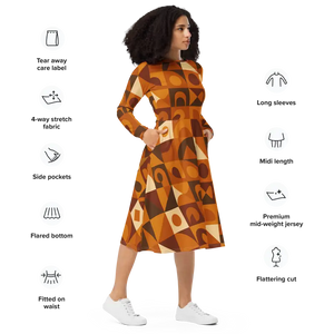 Print Long Sleeve Midi Dress - Dreamy Feminine Comfort Fit - Dipaliz - Dresses
