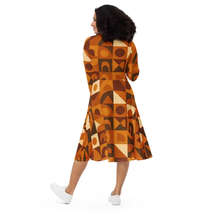 Print Long Sleeve Midi Dress - Dreamy Feminine Comfort Fit - Dipaliz - Dresses