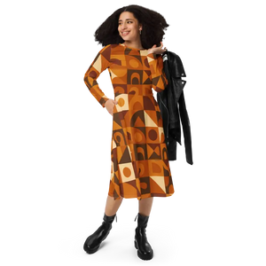 Print Long Sleeve Midi Dress - Dreamy Feminine Comfort Fit - Dipaliz - 2xs - Dresses