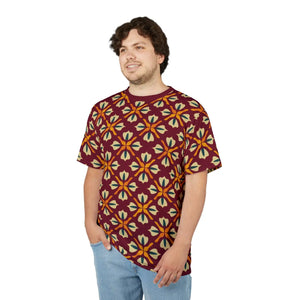 Maroon Polyester Tee Geometric Pattern on Red - Dipaliz - T-shirts