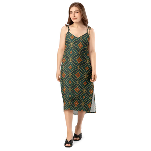 Emerald Green Midi Dress Built-in Bra Geometric Pattern - Dipaliz - Dresses