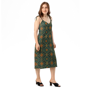 Emerald Green Midi Dress Built-in Bra Geometric Pattern - Dipaliz - Dresses