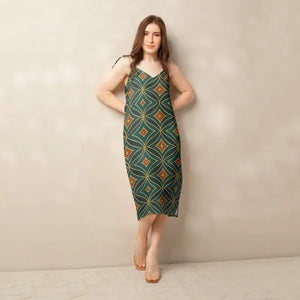 Emerald Green Midi Dress Built-in Bra Geometric Pattern - Dipaliz - Xs - Dresses