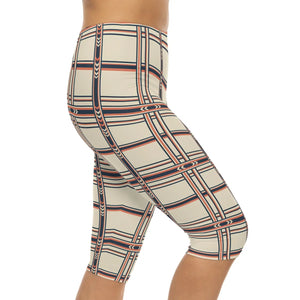 Geometric Plaid Capri Leggings - Retro Cream & Navy Patterned Women’s Activewear - s