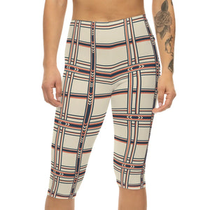 Geometric Plaid Capri Leggings - Retro Cream & Navy Patterned Women’s Activewear - s