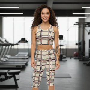 Geometric Plaid Capri Leggings - Retro Cream & Navy Patterned Women’s Activewear - s